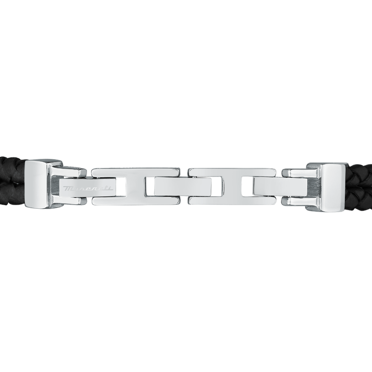 Maserati Men logo bracelet silver , Black leather size 22cm