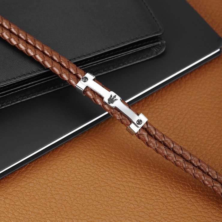 Maserati Bracelet For Men Leather, Brown / Silver