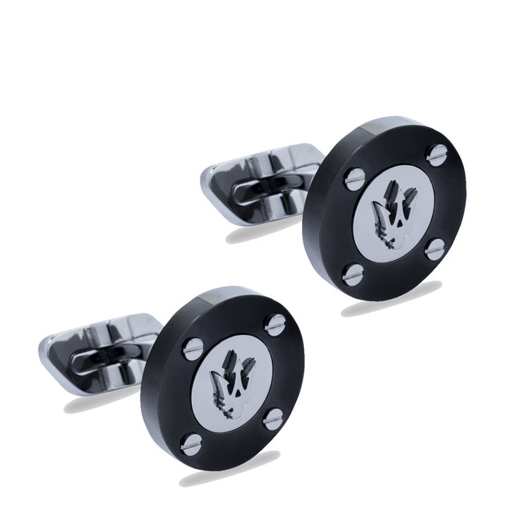 Maserati cufflink for gent steel black with silver logo