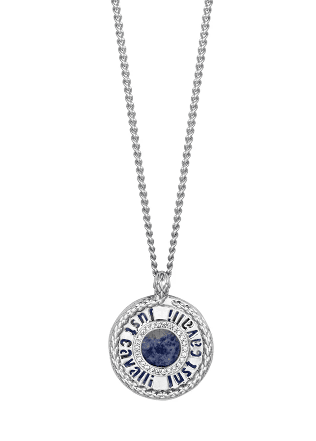 Just Cavalli Silver Necklace with Blue Stone & Logo Pendant