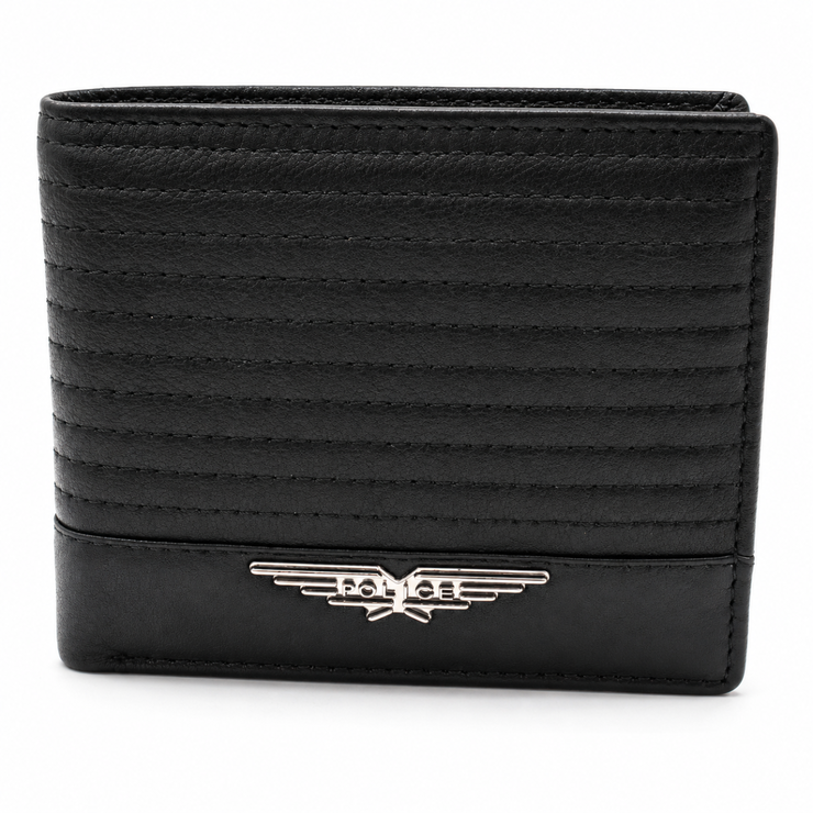 Police Men's Wallet - Black Quilted Leather with Metal Logo