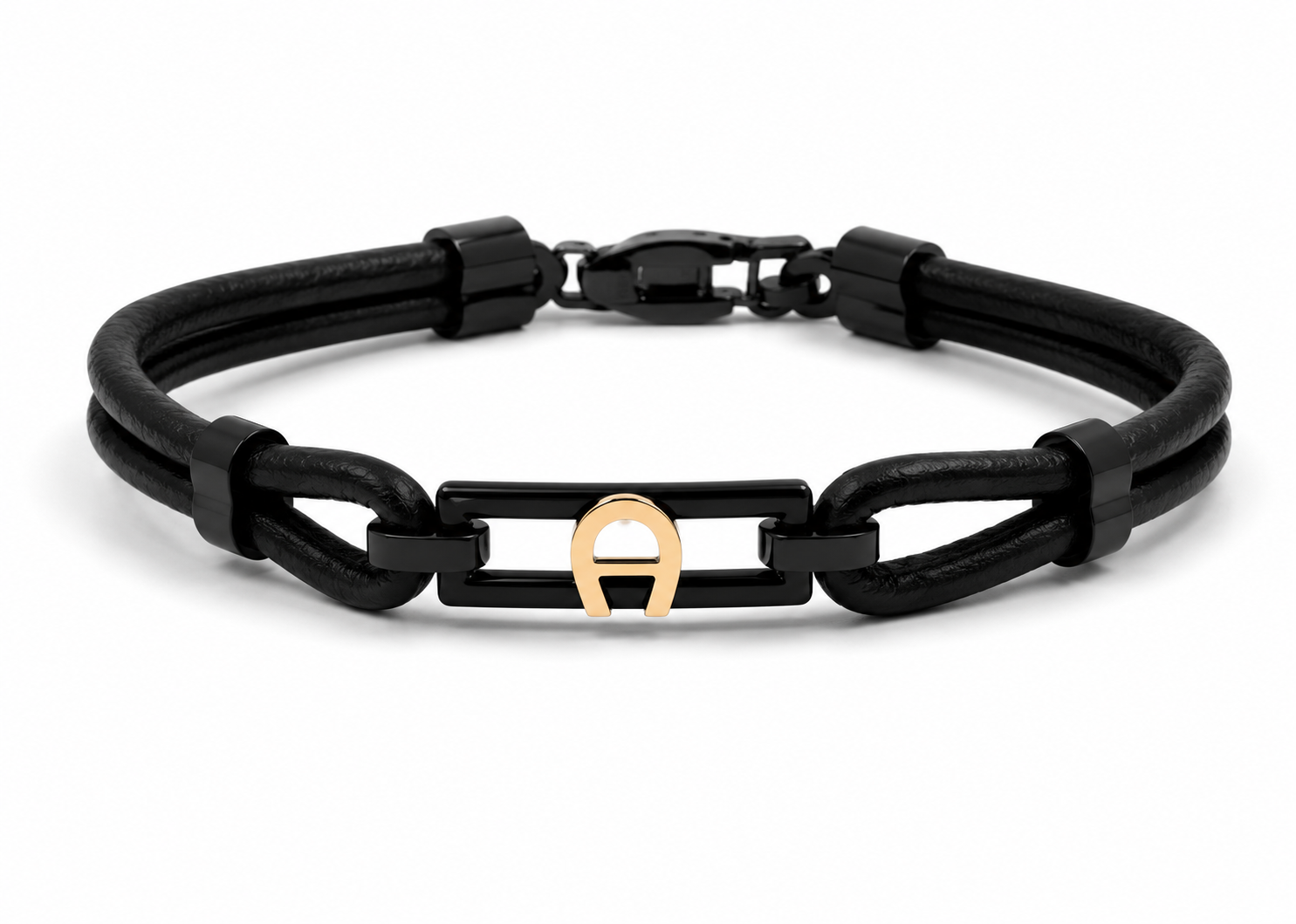 Aigner Bracelet - Black Leather with Gold Signature Logo
