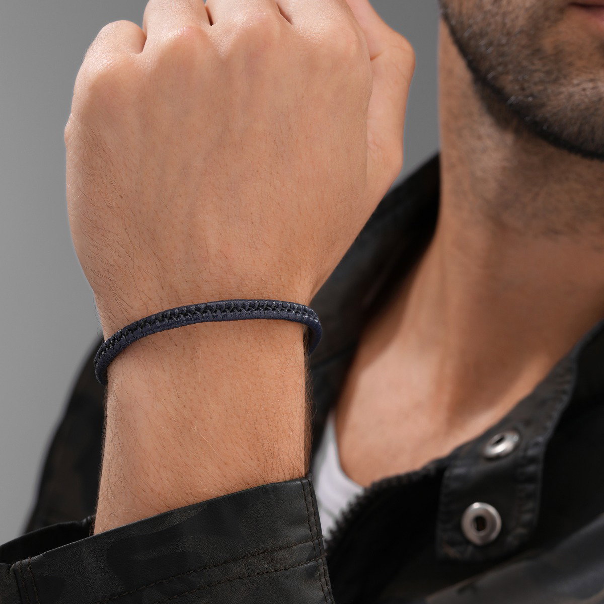 Police INDY Men Leather Bracelet Blue Stainless Steel