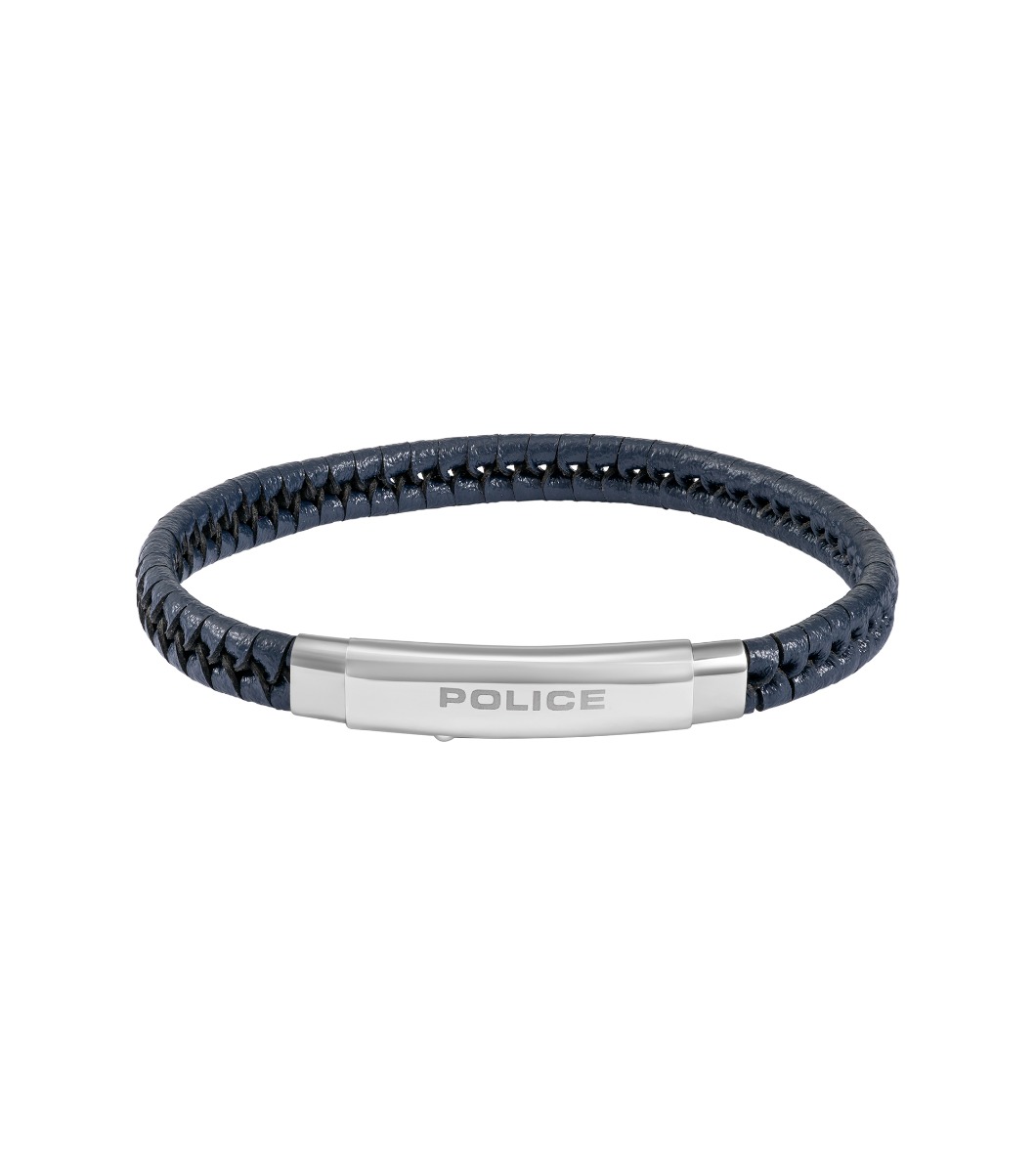 Police INDY Men Leather Bracelet Blue Stainless Steel