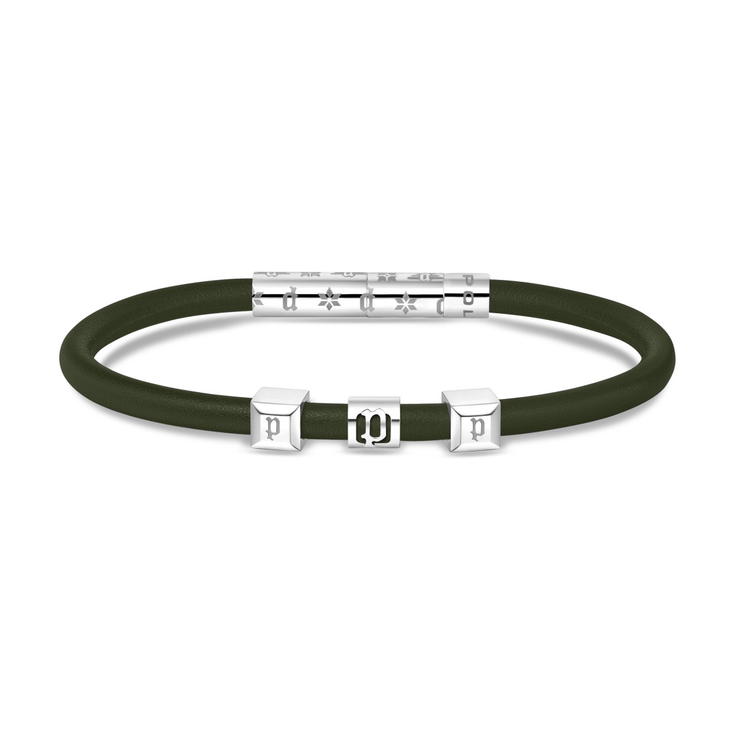 Police FLAKE bracelet for gent silver with dark green leather
