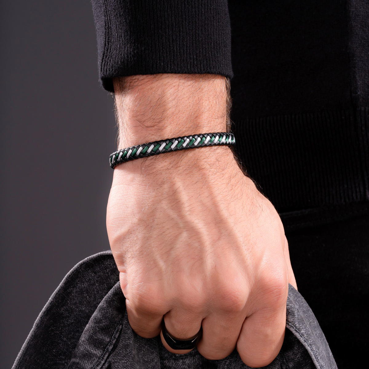 Police TWIST bracelet for men with black , Green leather
