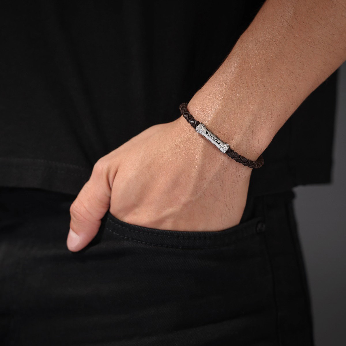 Police Men Bracelet Leather Brown and Steel