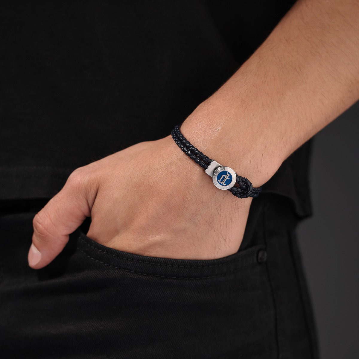 Police INFINITI Men Leather Bracelet Blue Stainless Steel