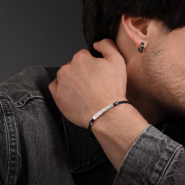Police Men Leather Bracelet Blue Stainless Steel