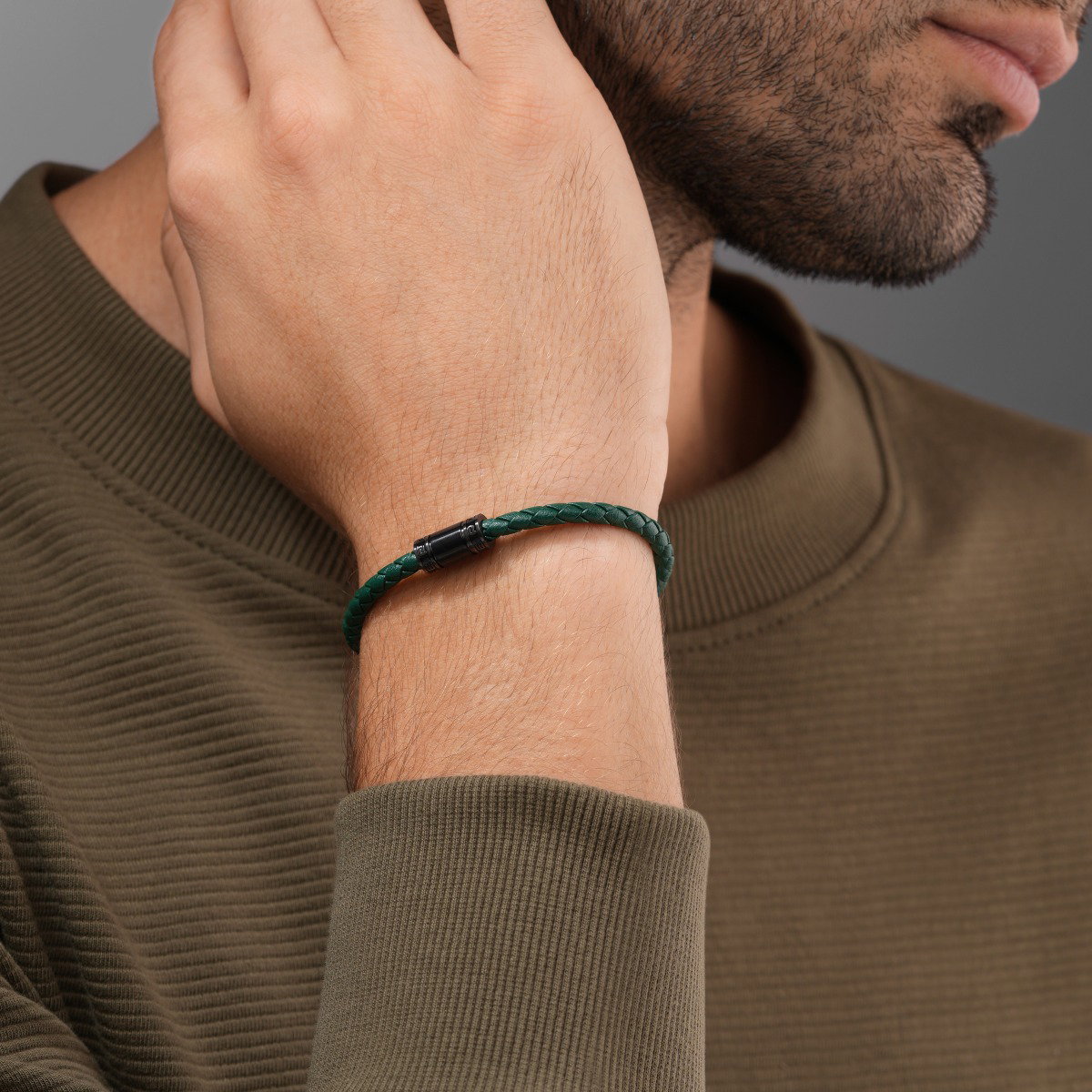 Police Men Bracelet Green Leather and Steel