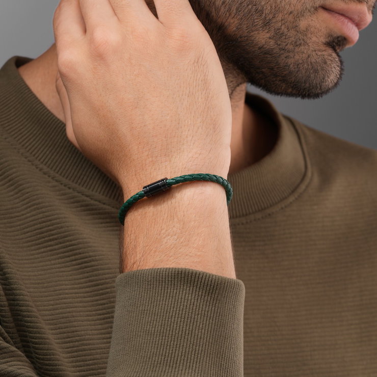 Police Men Bracelet Green Leather and Steel