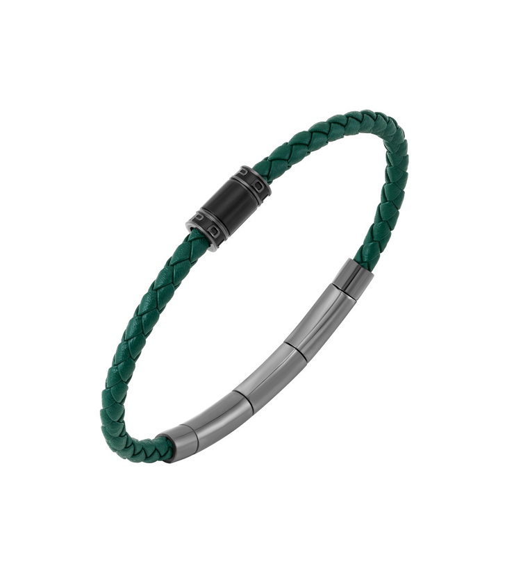 Police Men Bracelet Green Leather and Steel