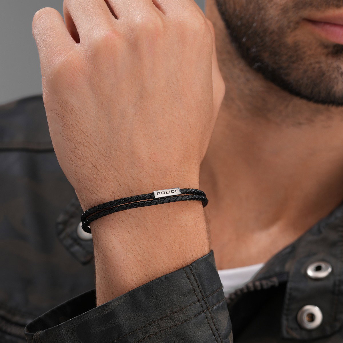 Police DUPLEX Men Leather Bracelet Black Stainless Steel