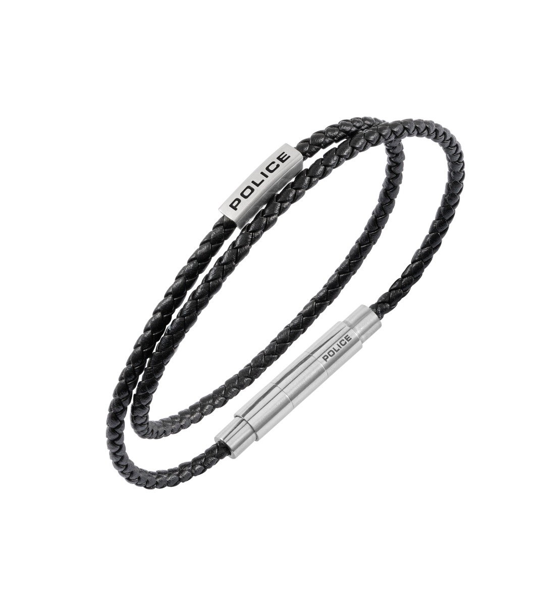 Police DUPLEX Men Leather Bracelet Black Stainless Steel