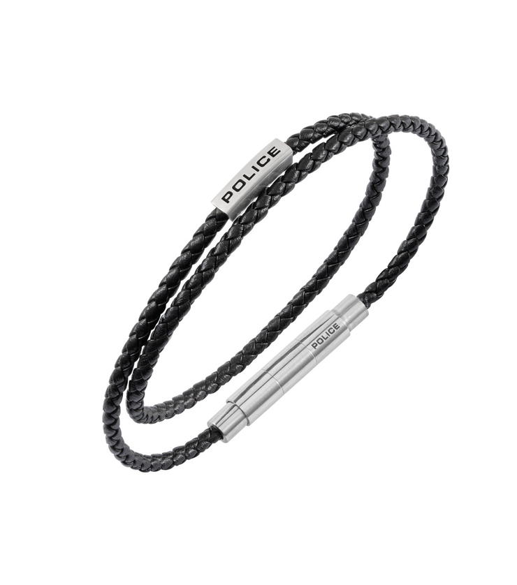 Police DUPLEX Men Leather Bracelet Black Stainless Steel