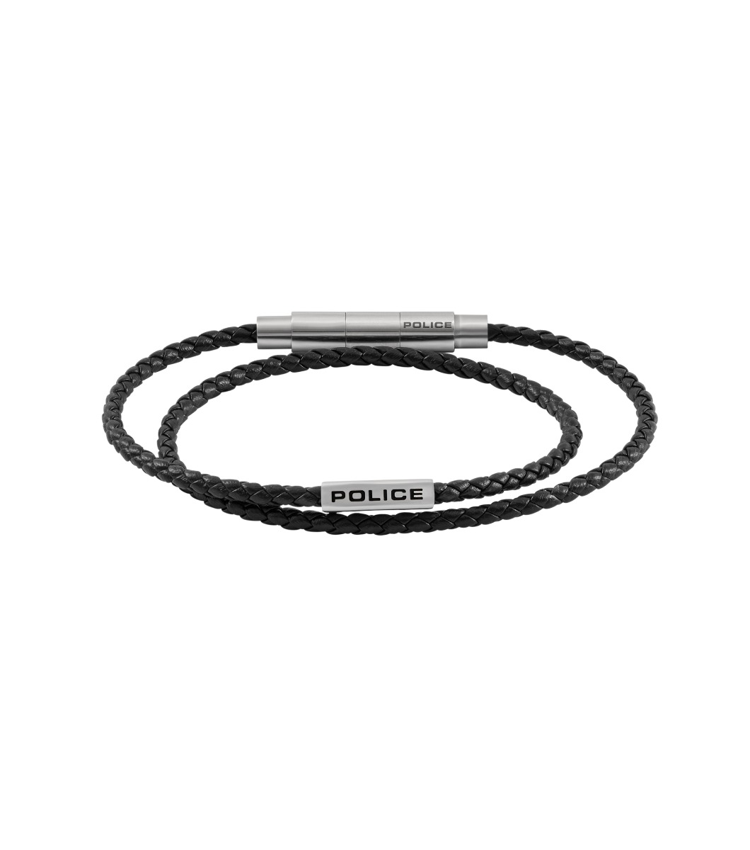 Police DUPLEX Men Leather Bracelet Black Stainless Steel