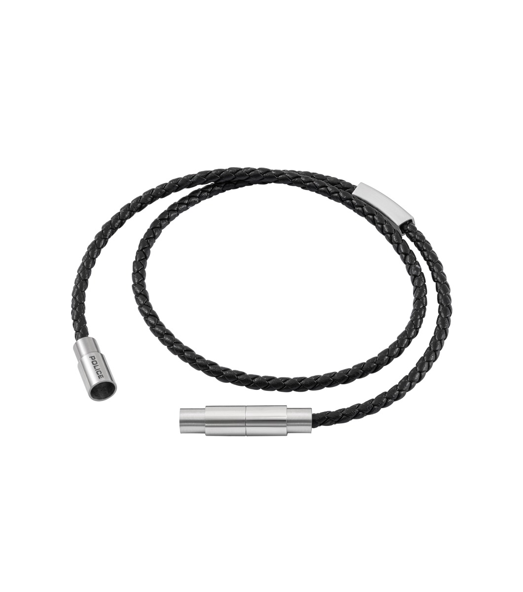 Police DUPLEX Men Leather Bracelet Black Stainless Steel
