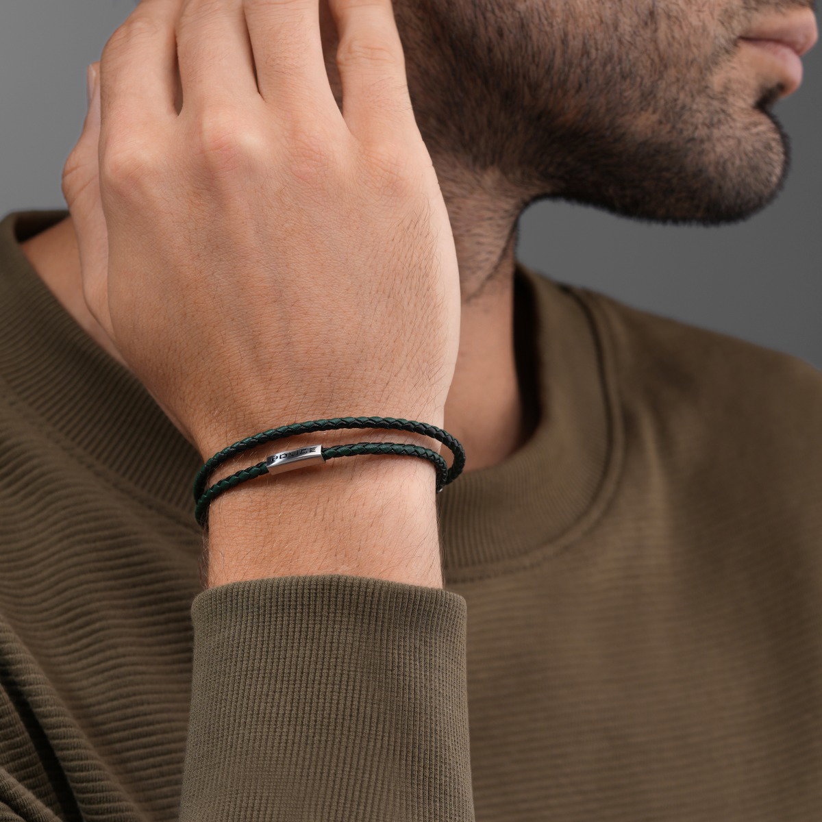 Police DUPLEX Men Leather Bracelet Green Stainless Steel