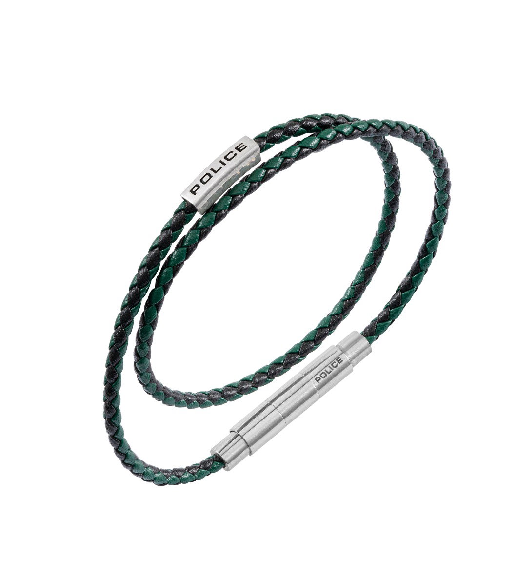 Police DUPLEX Men Leather Bracelet Green Stainless Steel