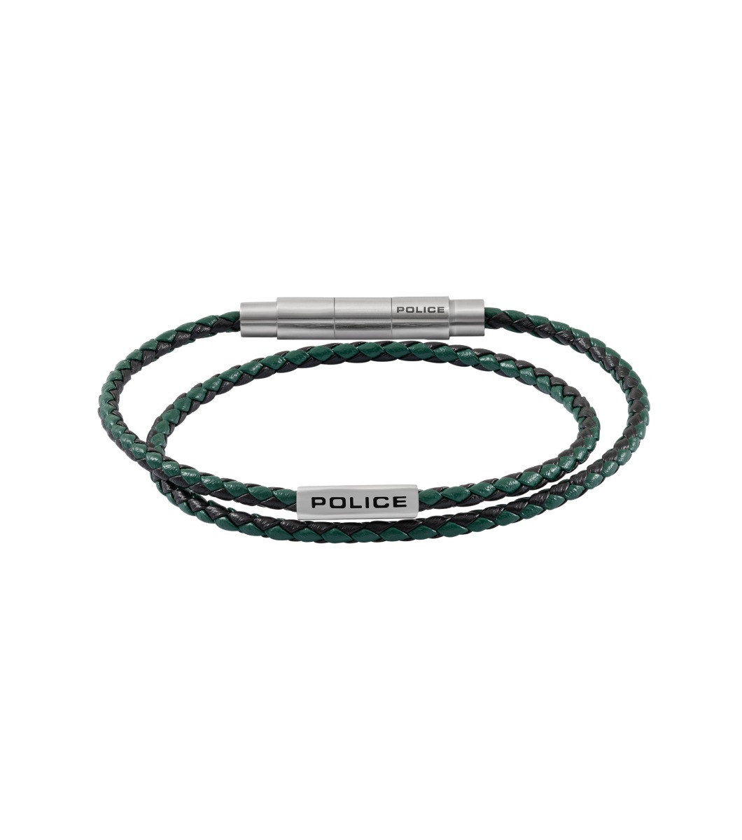 Police DUPLEX Men Leather Bracelet Green Stainless Steel