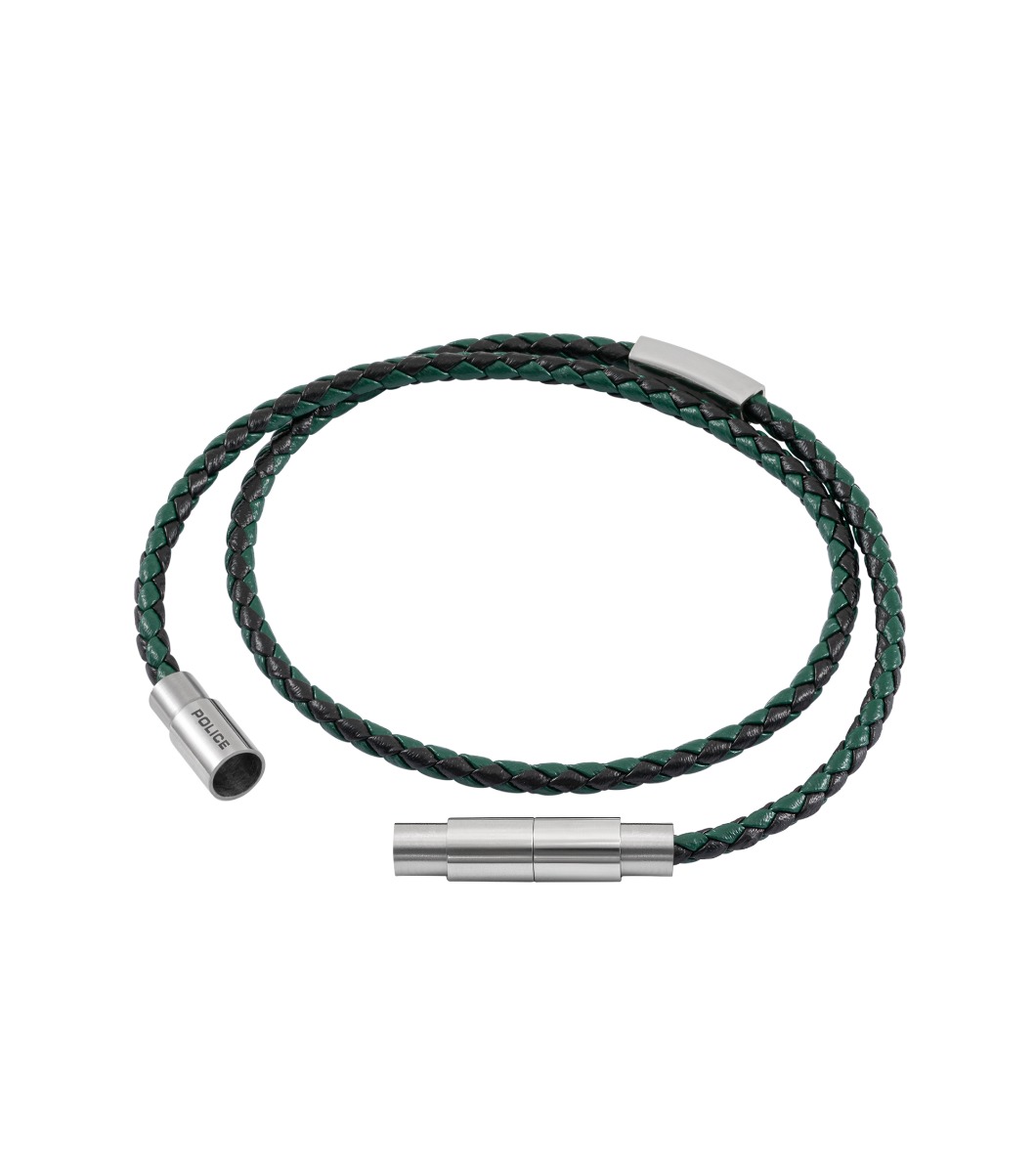 Police DUPLEX Men Leather Bracelet Green Stainless Steel