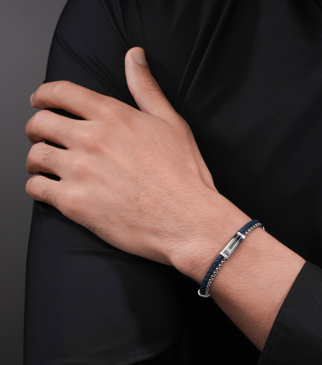 سوار بوليس دوال سيل للرجال من الجلد الأزرق والفولاذ