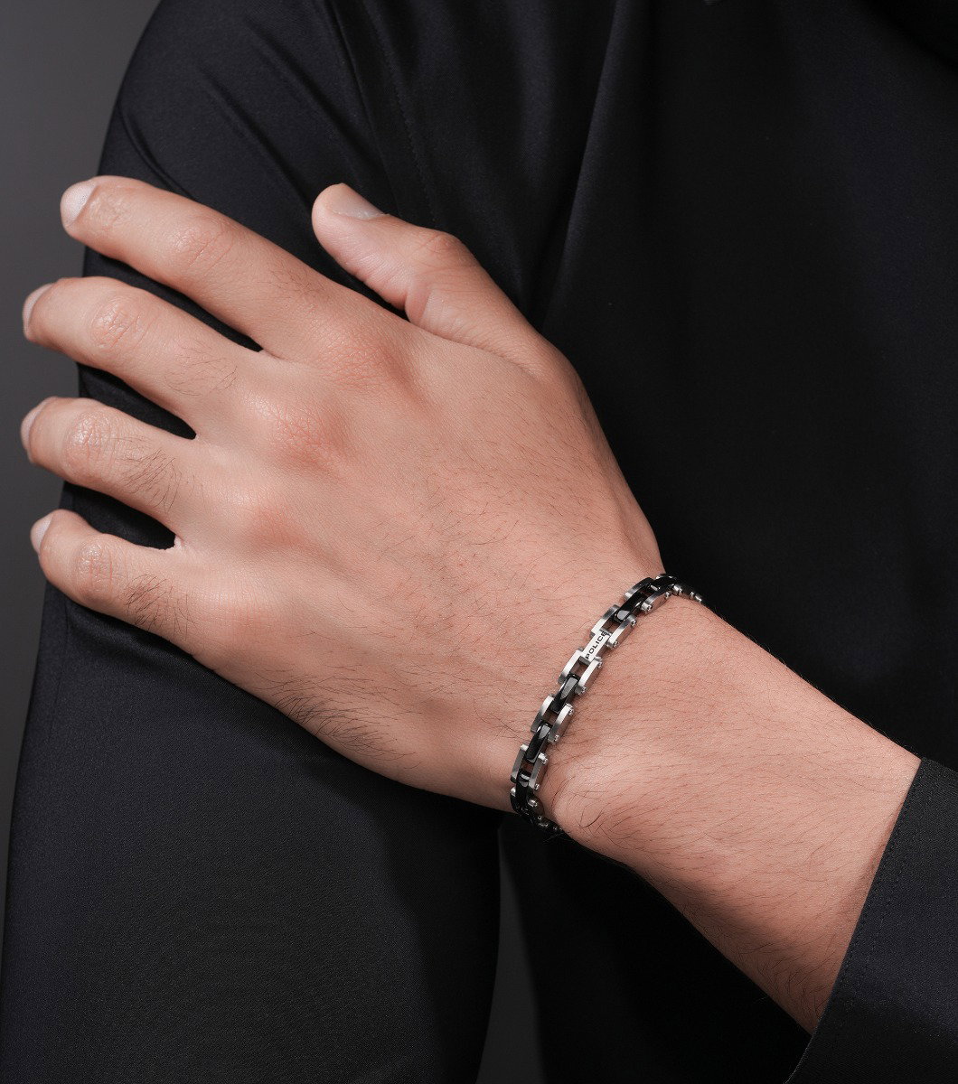 سوار بوليس شين للرجال من الستانلس ستيل الفضي والأسود