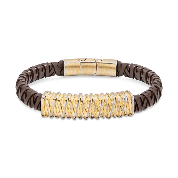 Police BARBED bracelet for men gold with brown leather