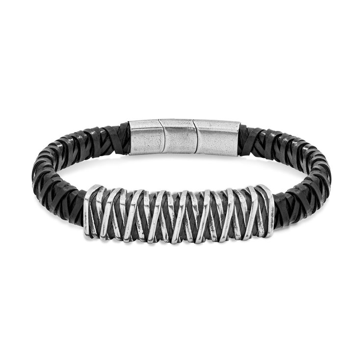 Police BARBED bracelet for men silver with black leather