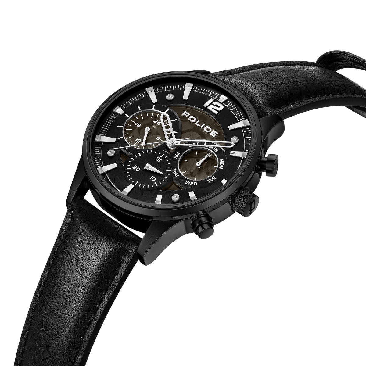 ساعة يد كوارتز كرونوغراف للرجال من بوليس جلد لون اسود