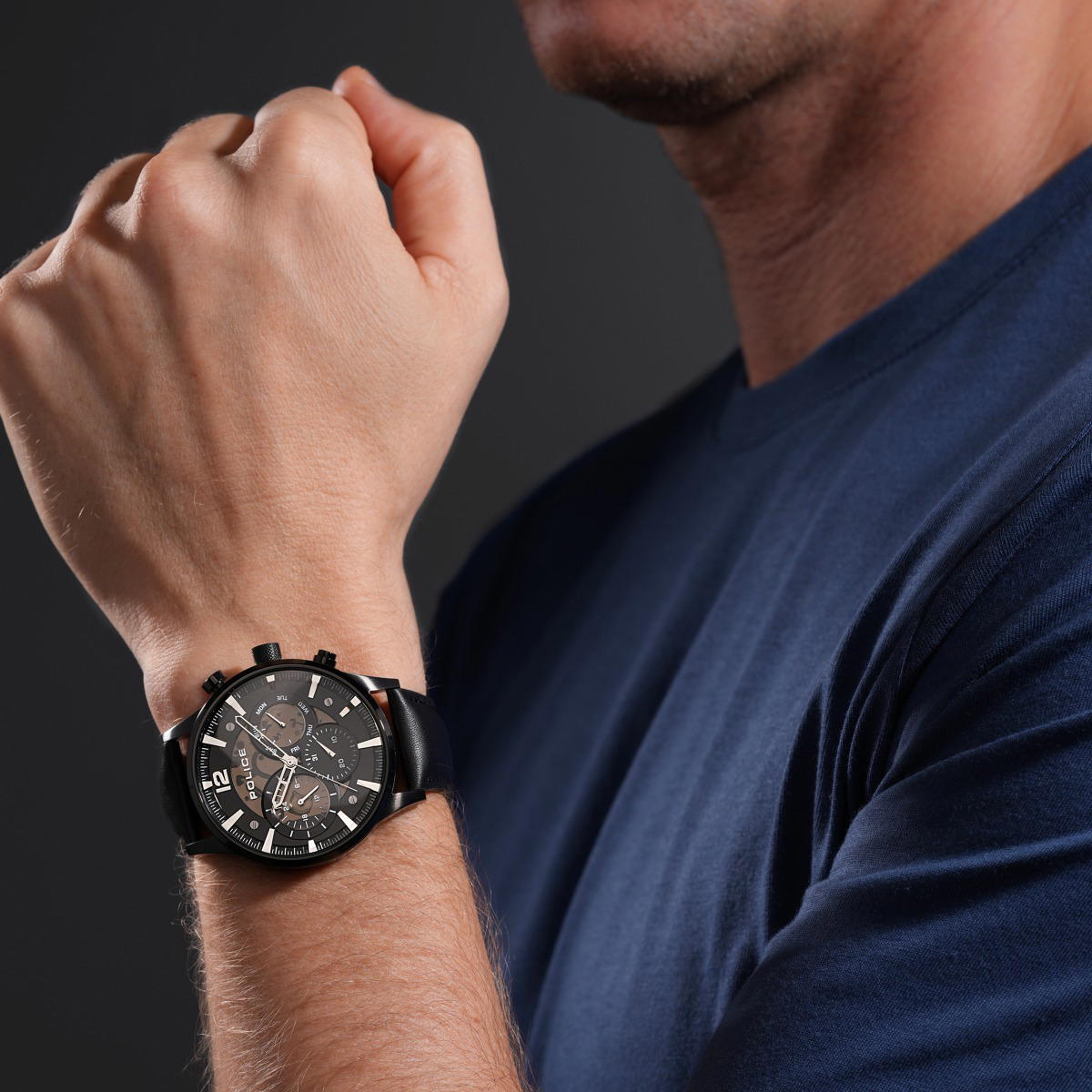 ساعة يد كوارتز كرونوغراف للرجال من بوليس جلد لون اسود