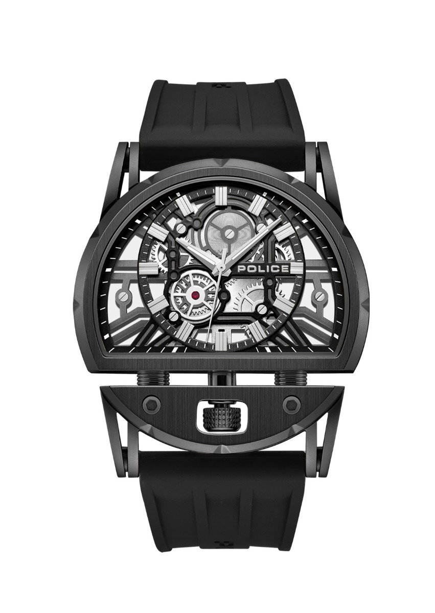 Police Men Black Skeleton Silicone Watch