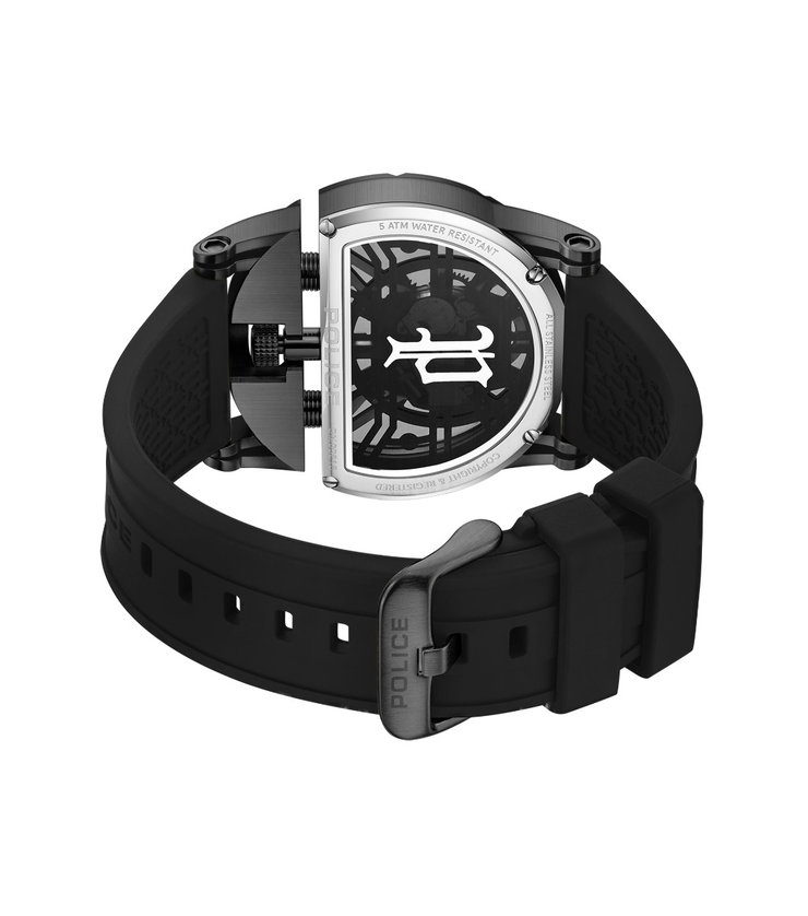 Police Men Black Skeleton Silicone Watch