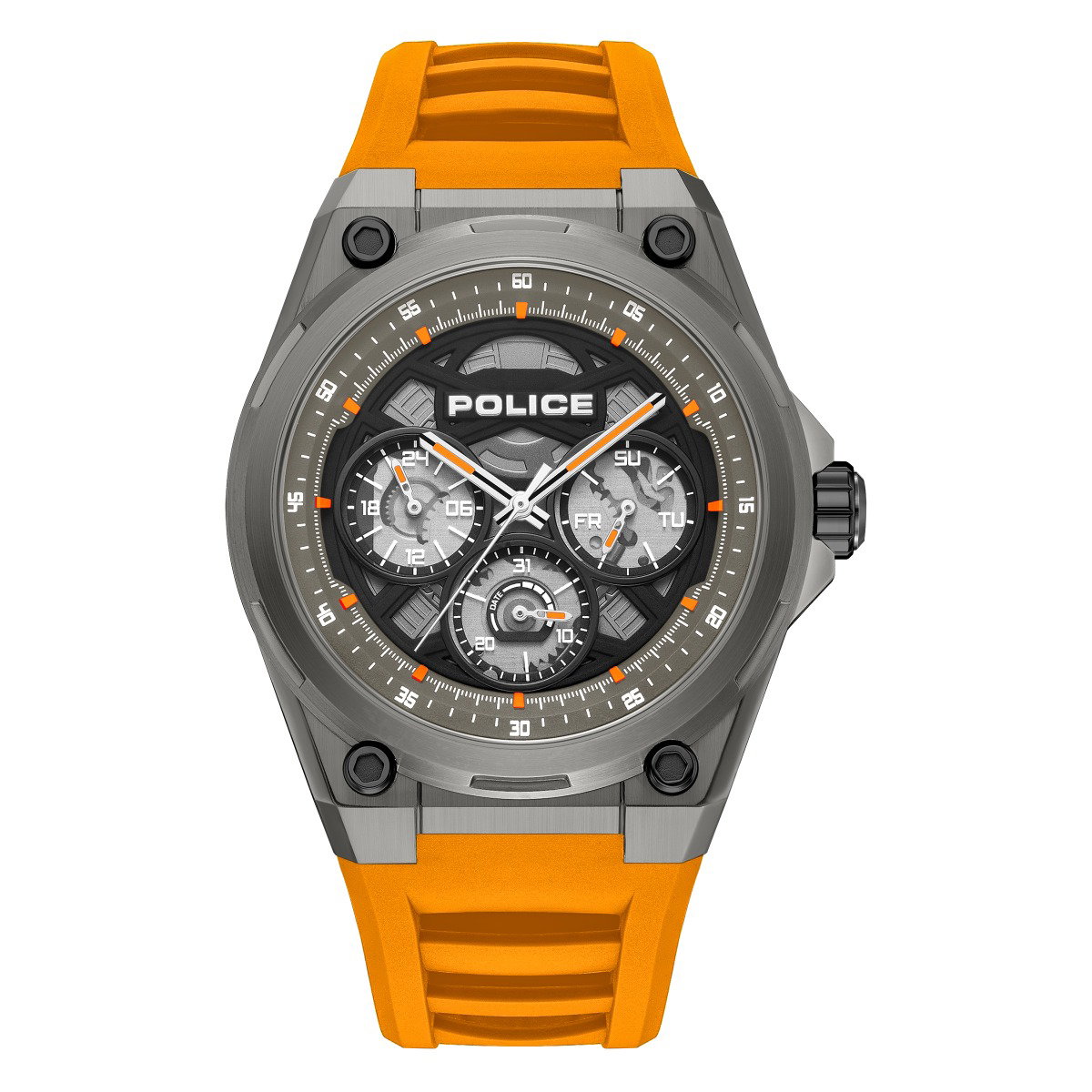 Police Men's Multifunction Watch with Orange Silicone Strap