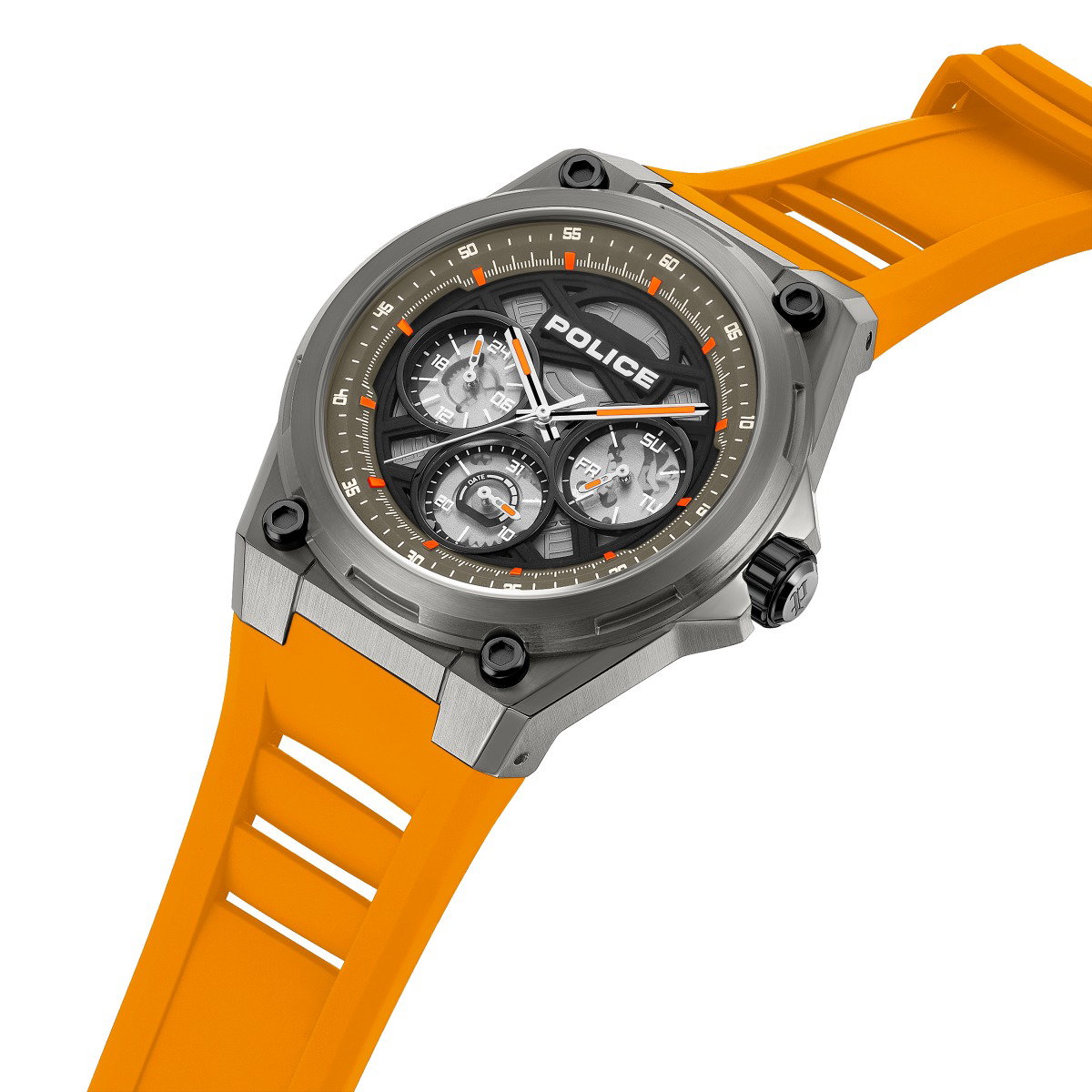 Police Men's Multifunction Watch with Orange Silicone Strap