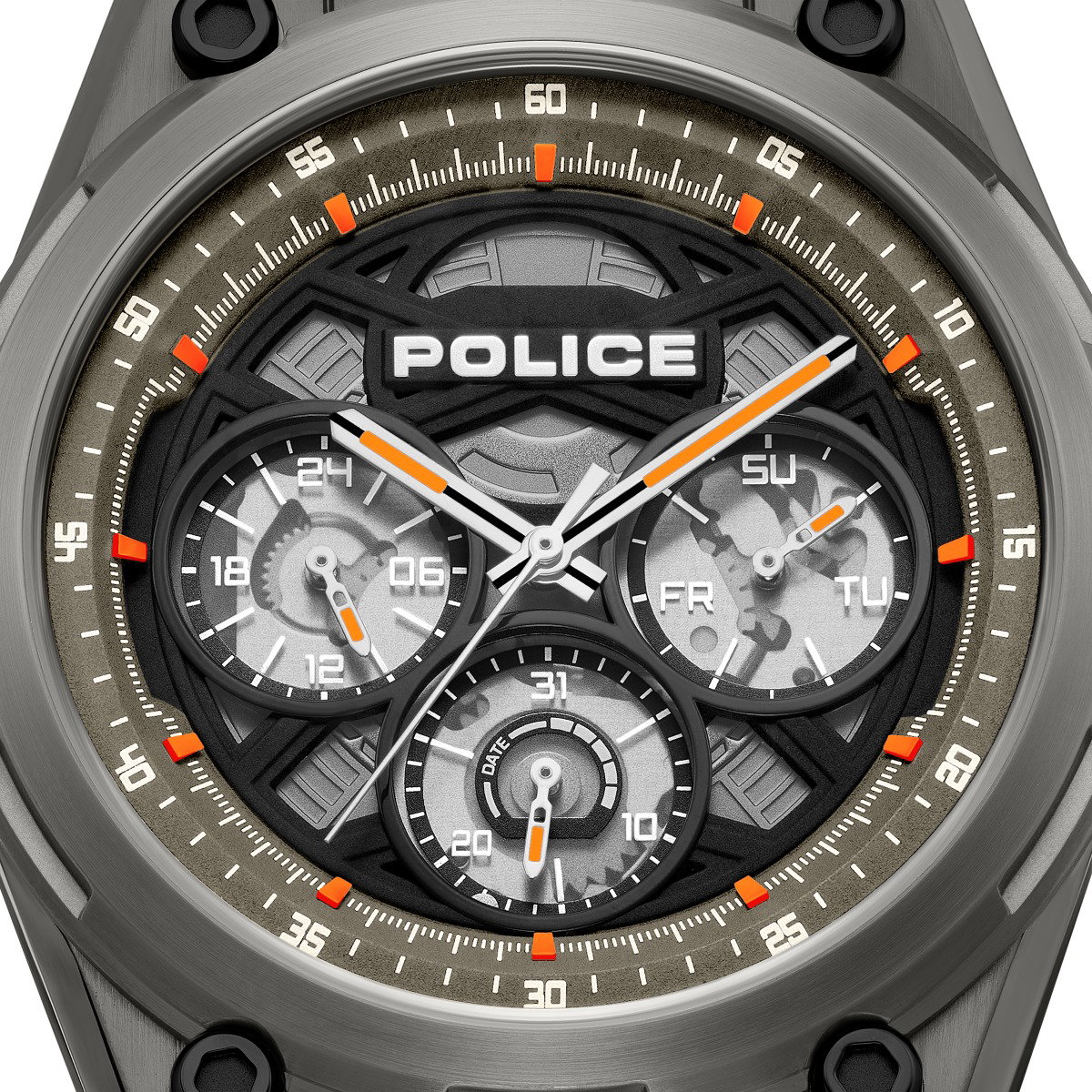 Police Men's Multifunction Watch with Orange Silicone Strap