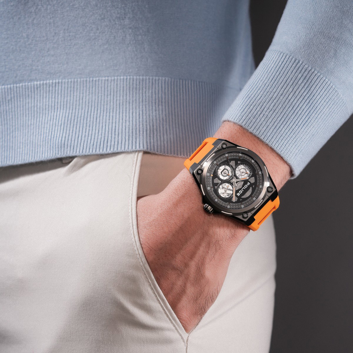 Police Men's Multifunction Watch with Orange Silicone Strap