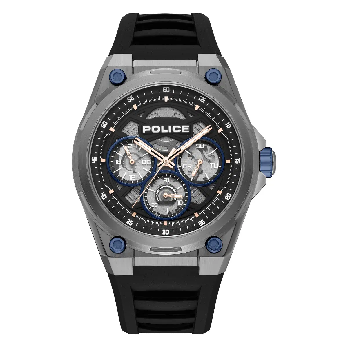 Police Men's Black Multifunction Watch with Silicone Strap