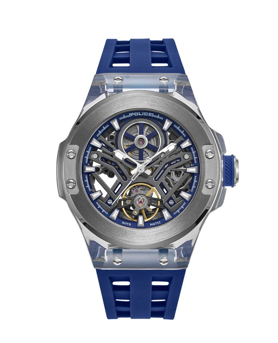 Police Men Automatic Skeleton Silver Blue Watch