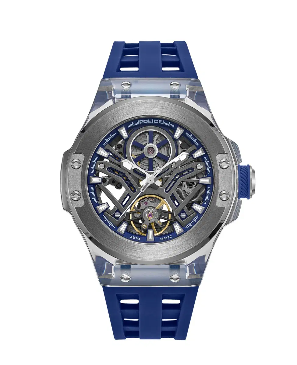 Police Men Automatic Skeleton Silver Blue Watch