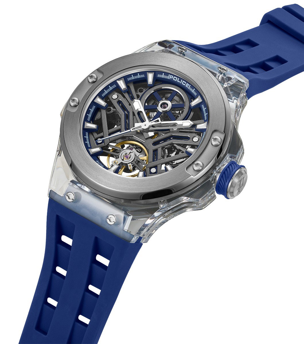 Police Men Automatic Skeleton Silver Blue Watch