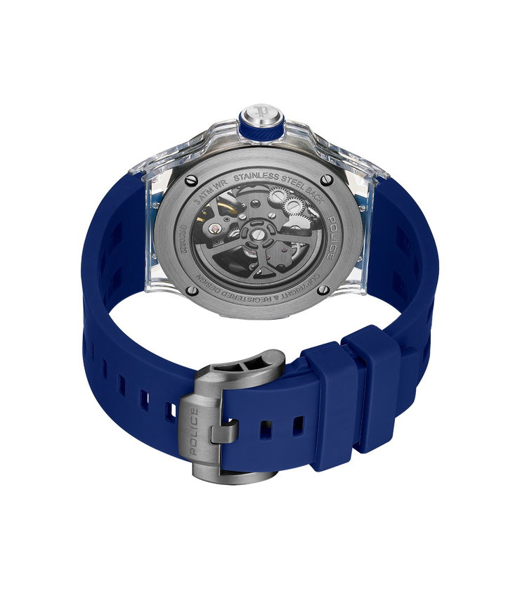 Police Men Automatic Skeleton Silver Blue Watch