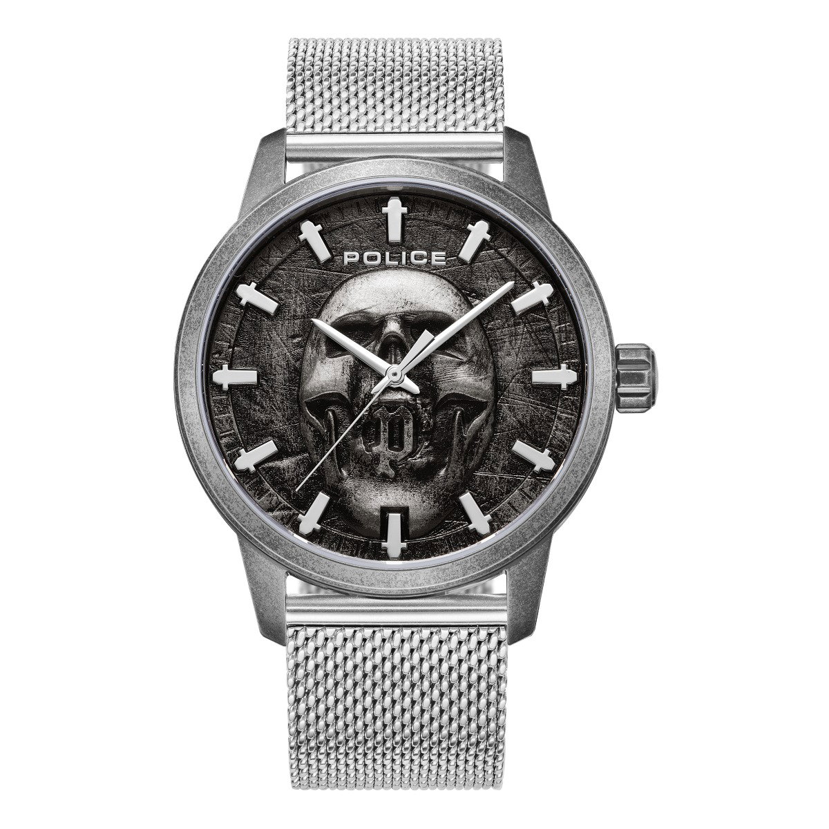 Police Men Silver Steel Skull Dial Watch