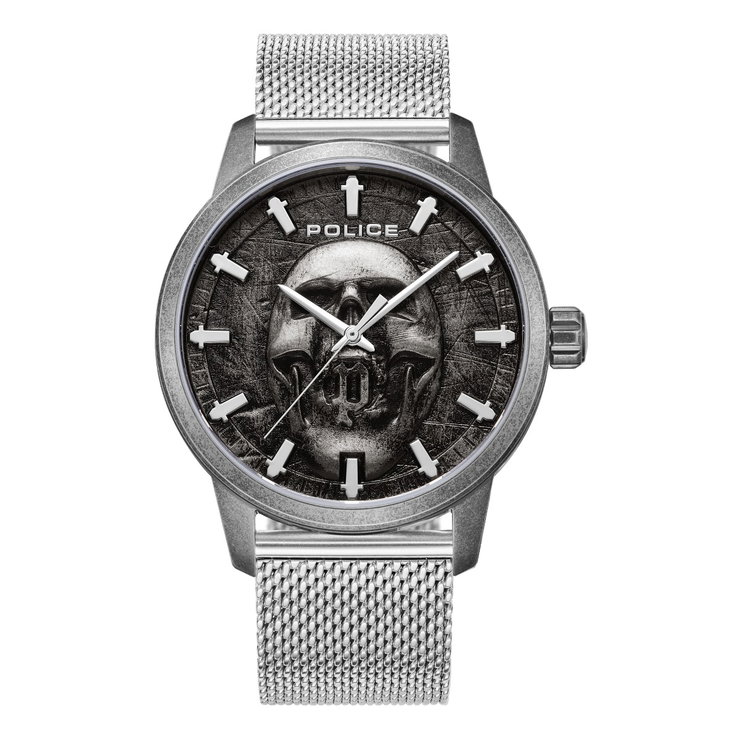 Police Men Silver Steel Skull Dial Watch