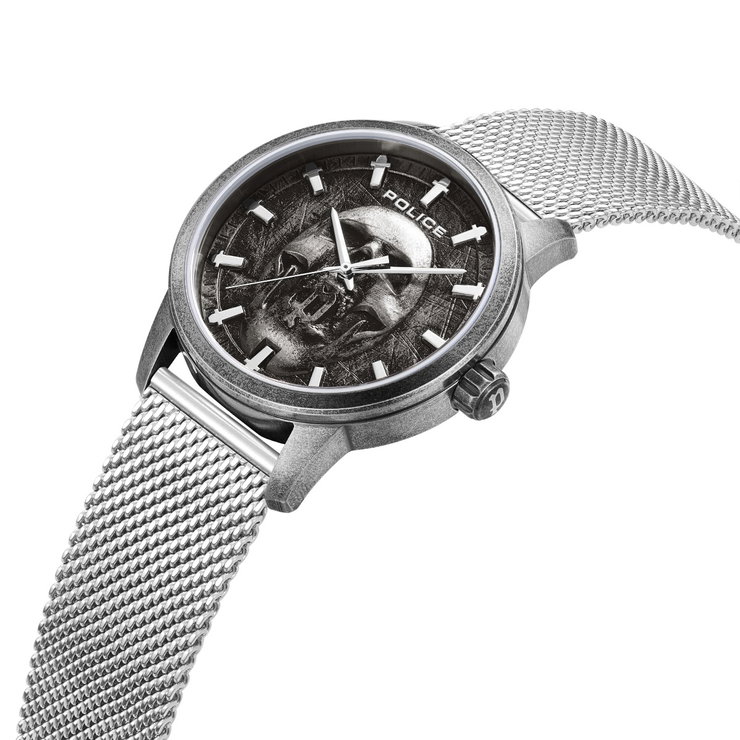 Police Men Silver Steel Skull Dial Watch
