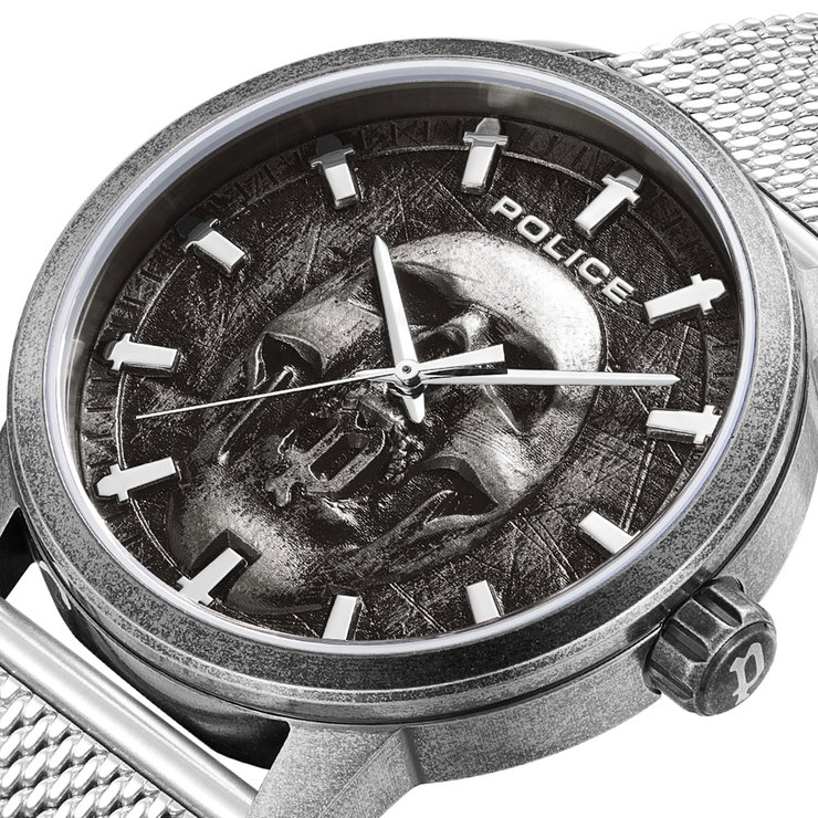 Police Men Silver Steel Skull Dial Watch