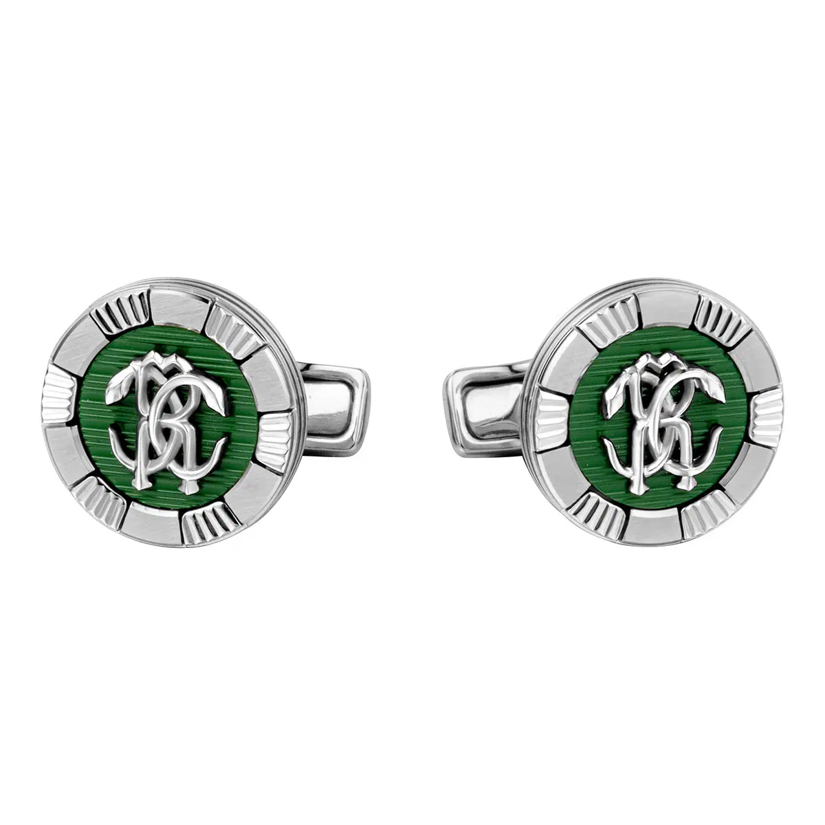Roberto Cavalli Silver & Green Cufflinks - Engraved Logo