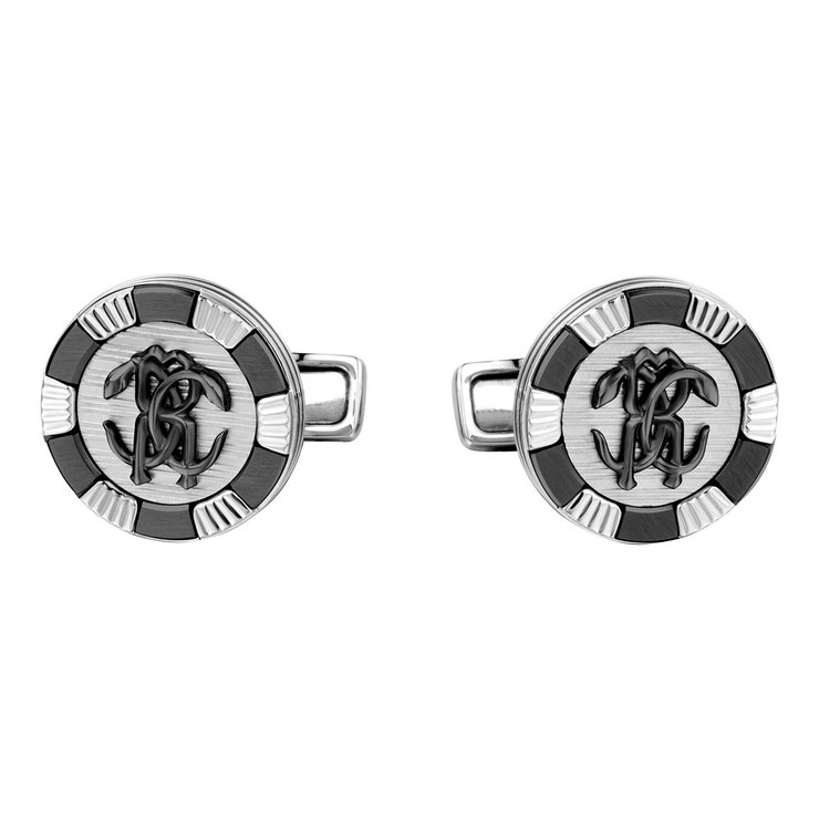 Roberto Cavalli Engraved Black & Silver Steel Cufflinks
