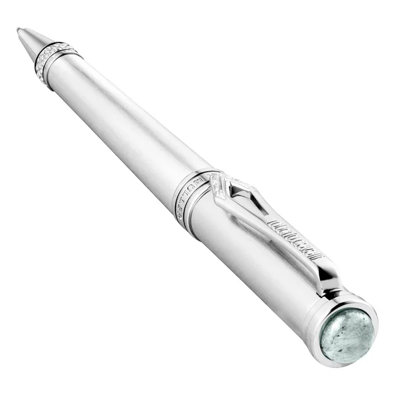 Roberto Cavalli Silver Ballpoint Pen with Green Stone