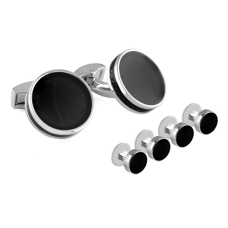 Tateossian Men’s Black & Silver Cufflinks & Shirt Studs Set